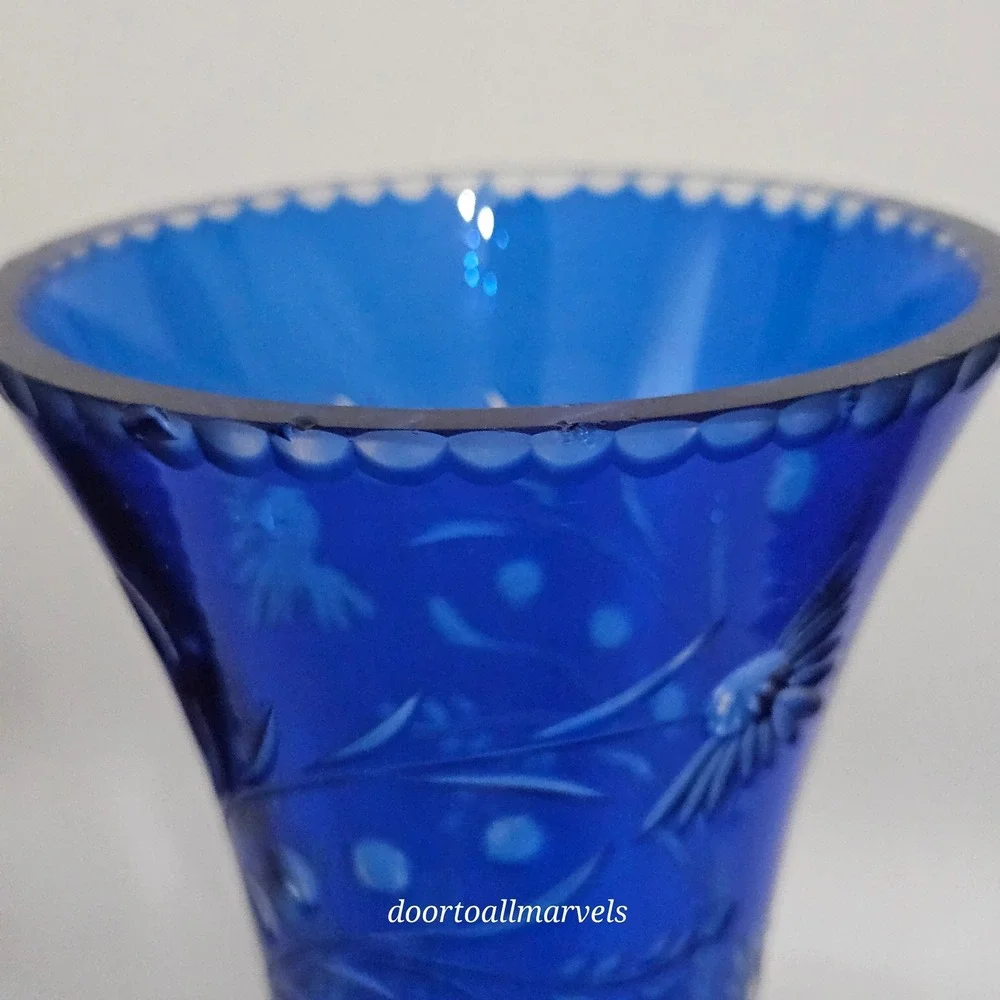 VTG Val St Lambert Footed Vase Cobalt Blue Cut-to-Clear Crystal Europe Art Deco
